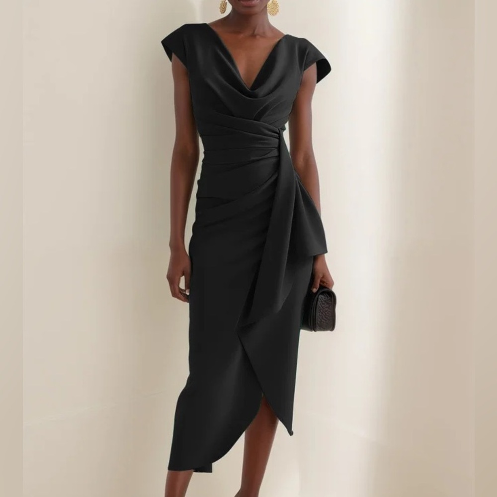 Fehaute Cowl Neck Ruched Cap Sleeve Sheath Midi Dress